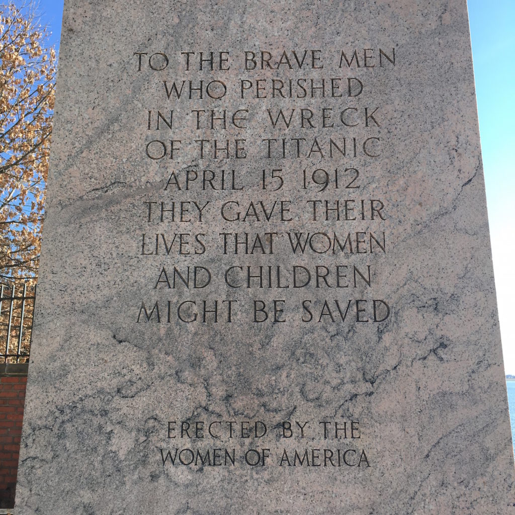 Titanic Memorial - inscription on front of memorial