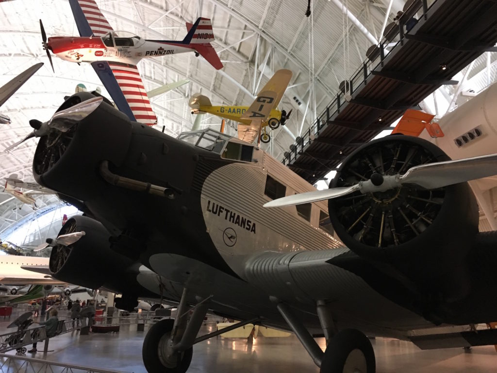 Lufthansa and other planes in the exhibit hangar at the National Air and Space Museum, Steven F. Udvar-Hazy Center