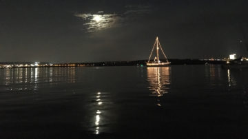 Holiday Boat Parade of Lights - Sailboat Under Full Moon